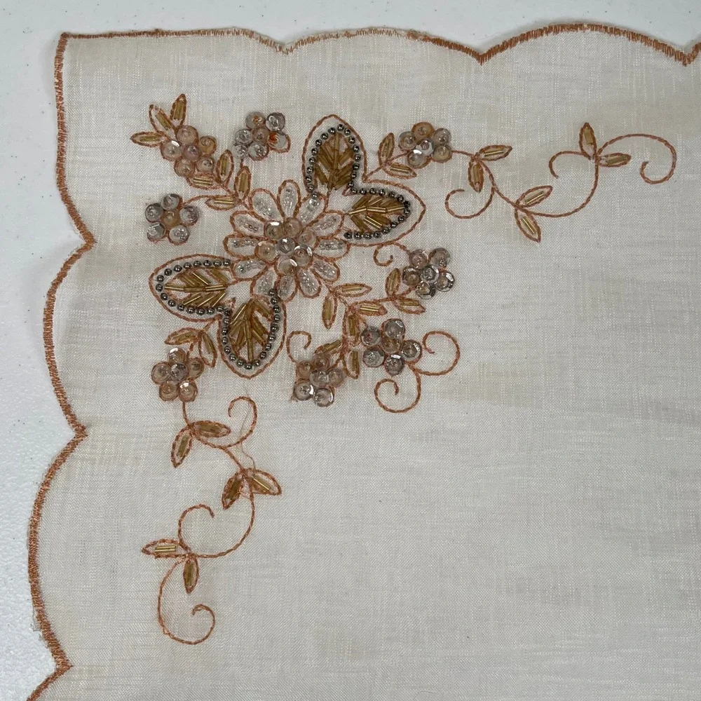 Vintage Set of 3 Hand Embroidered Beaded Floral Handkerchiefs 50s 60s Scalloped‎